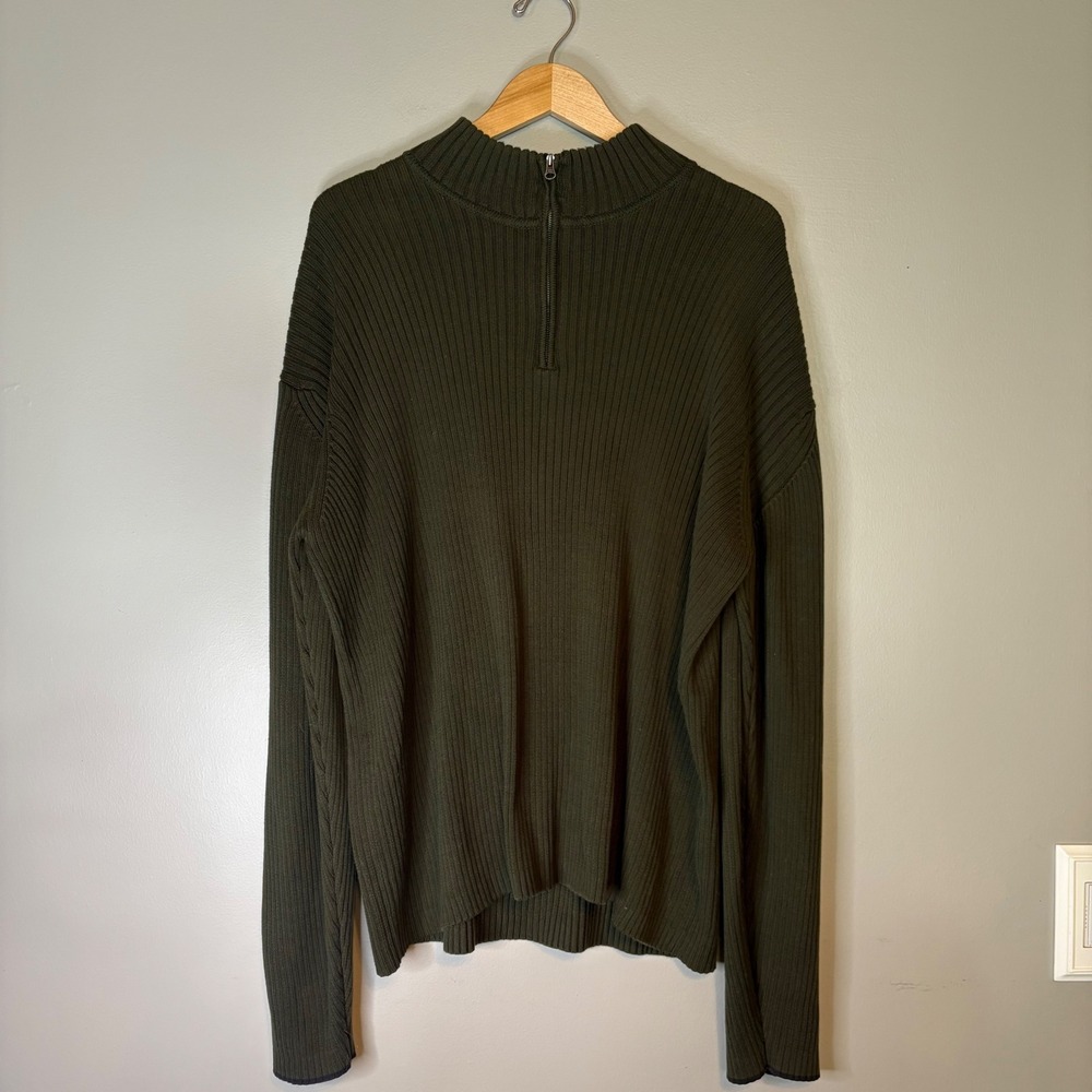Tommy Hilfiger Mens Olive Green Ribbed 100% Cotton Quarter Zip Sweater XL Japan